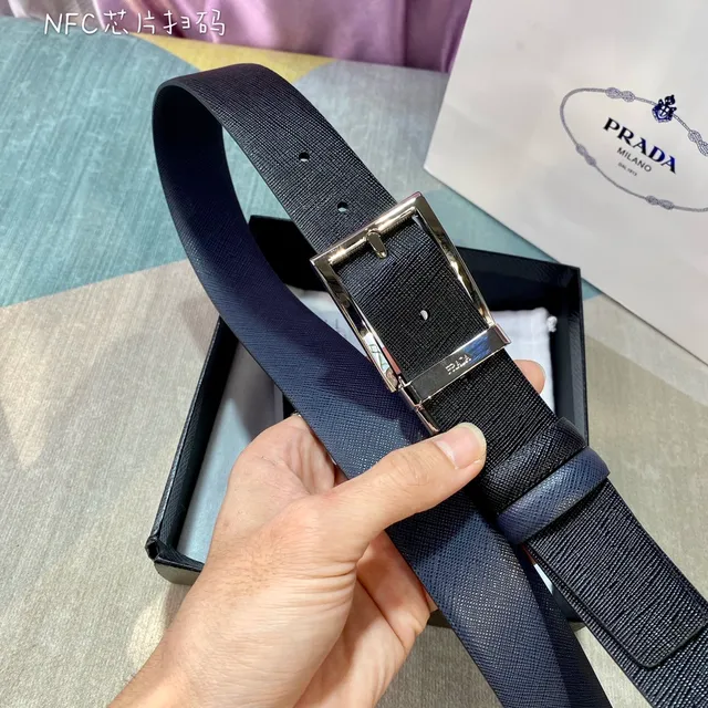 Prada Navy Silver Saffiano-Textured Embossed Logo Pattern Leather Belt 8