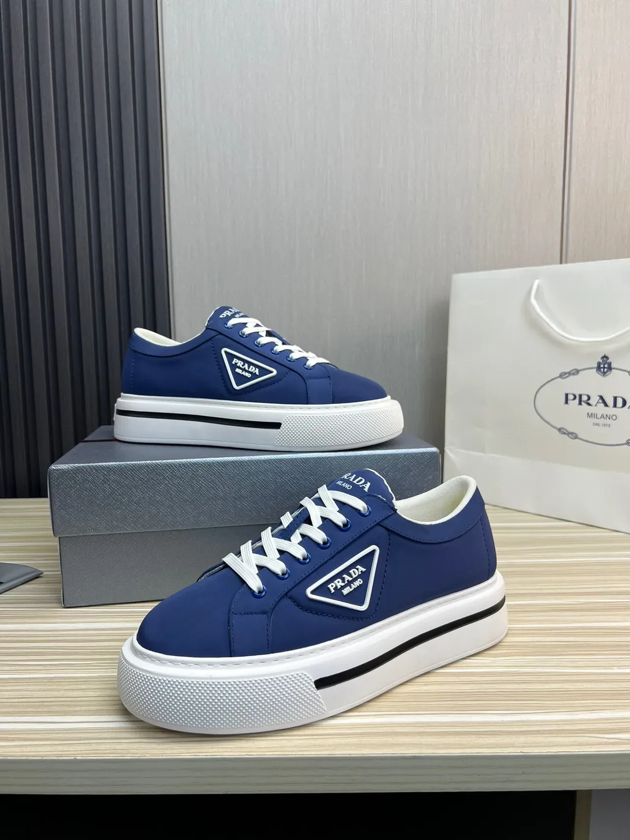 Prada Navy White Low-Top Platform Sole Lifestyle Sneakers 2