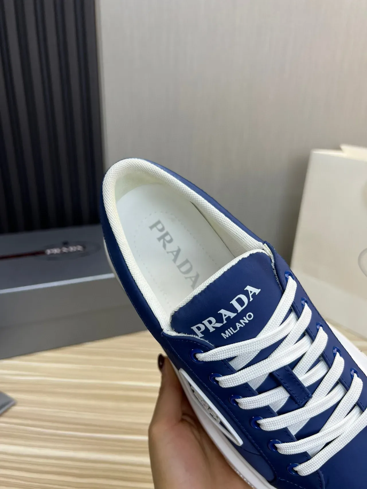 Prada Navy White Low-Top Platform Sole Lifestyle Sneakers 7