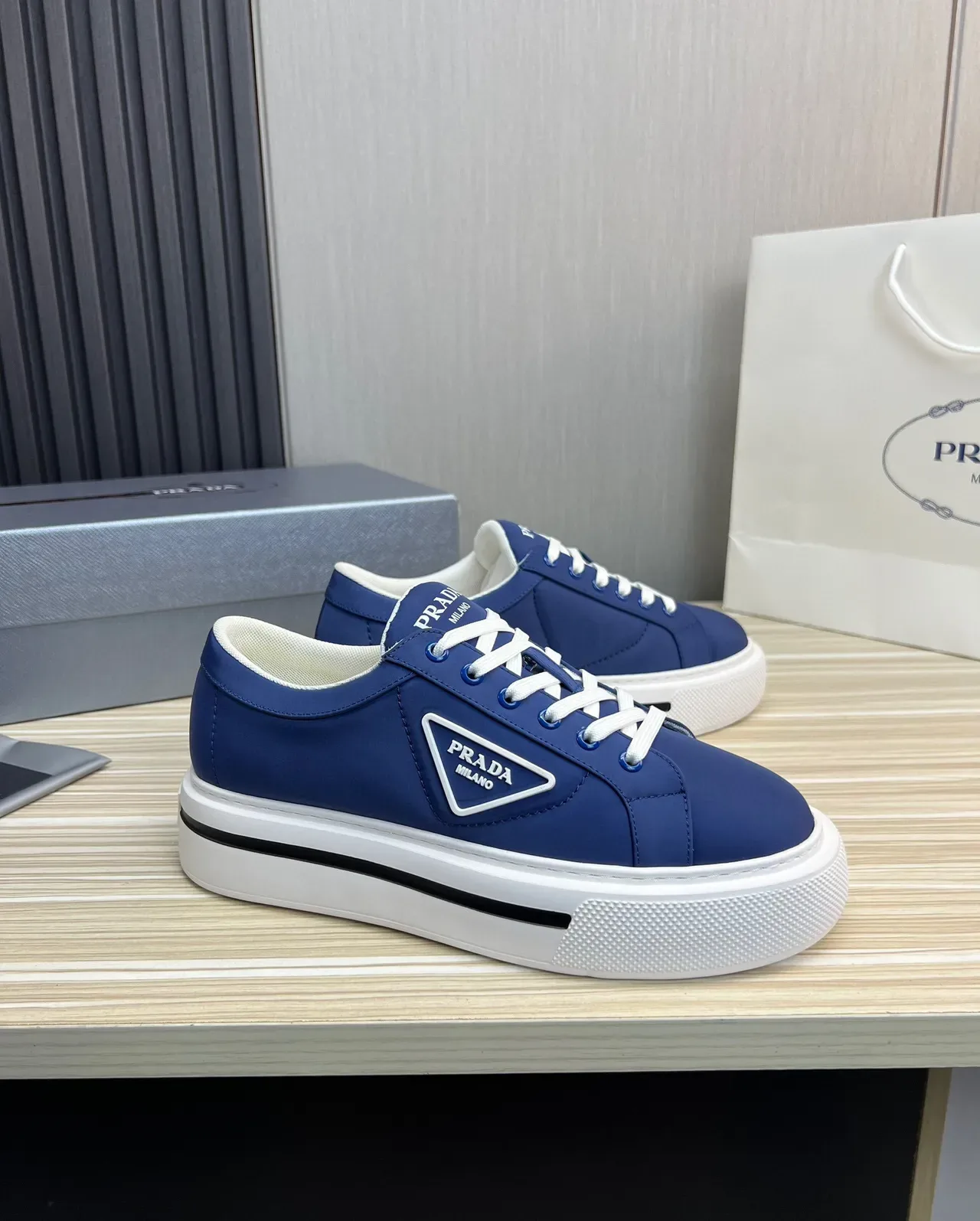 Prada Navy White Low-Top Platform Sole Lifestyle Sneakers 9
