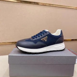 Prada Navy White Mixed Leather And Mesh Upper Sculpted Midsole Lifestyle Sneakers