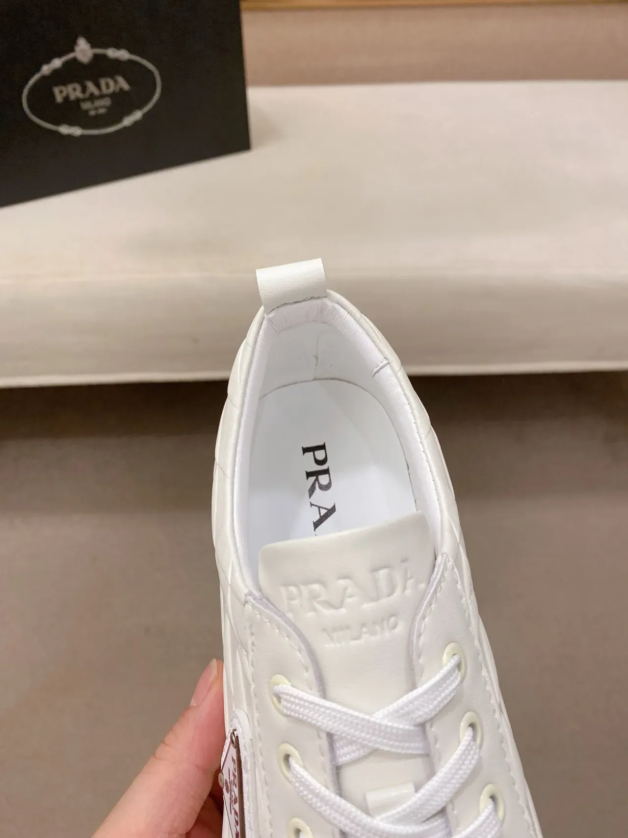 Prada Re-Edition White Quilted Diamond-Stitched Upper Triangular Metal Logo Plaque Lifestyle Sneakers 4