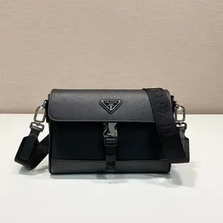 Prada Re-Nylon Black Structured Flap-Top Textured Saffiano Upper Messenger Bag