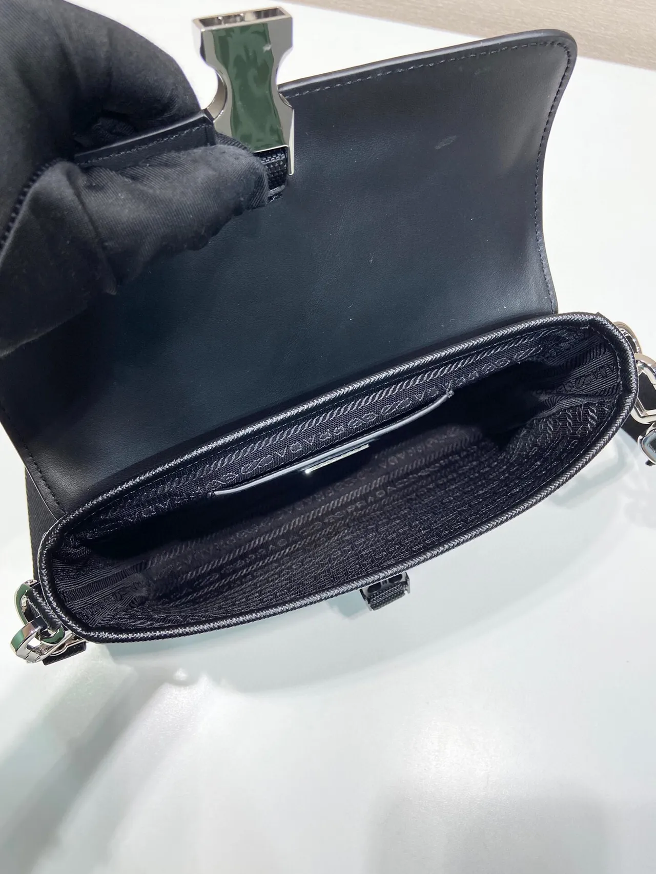 Prada Re-Nylon Black Structured Flap-Top Textured Saffiano Upper Messenger Bag 2