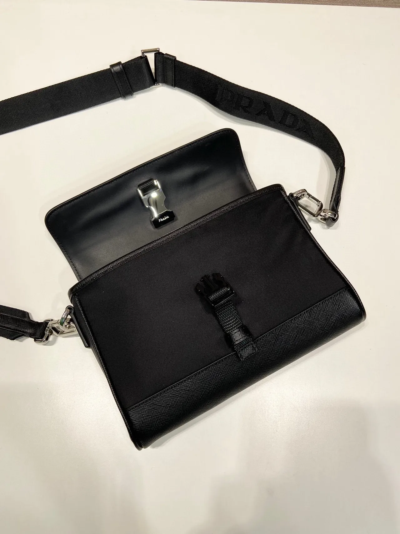 Prada Re-Nylon Black Structured Flap-Top Textured Saffiano Upper Messenger Bag 3