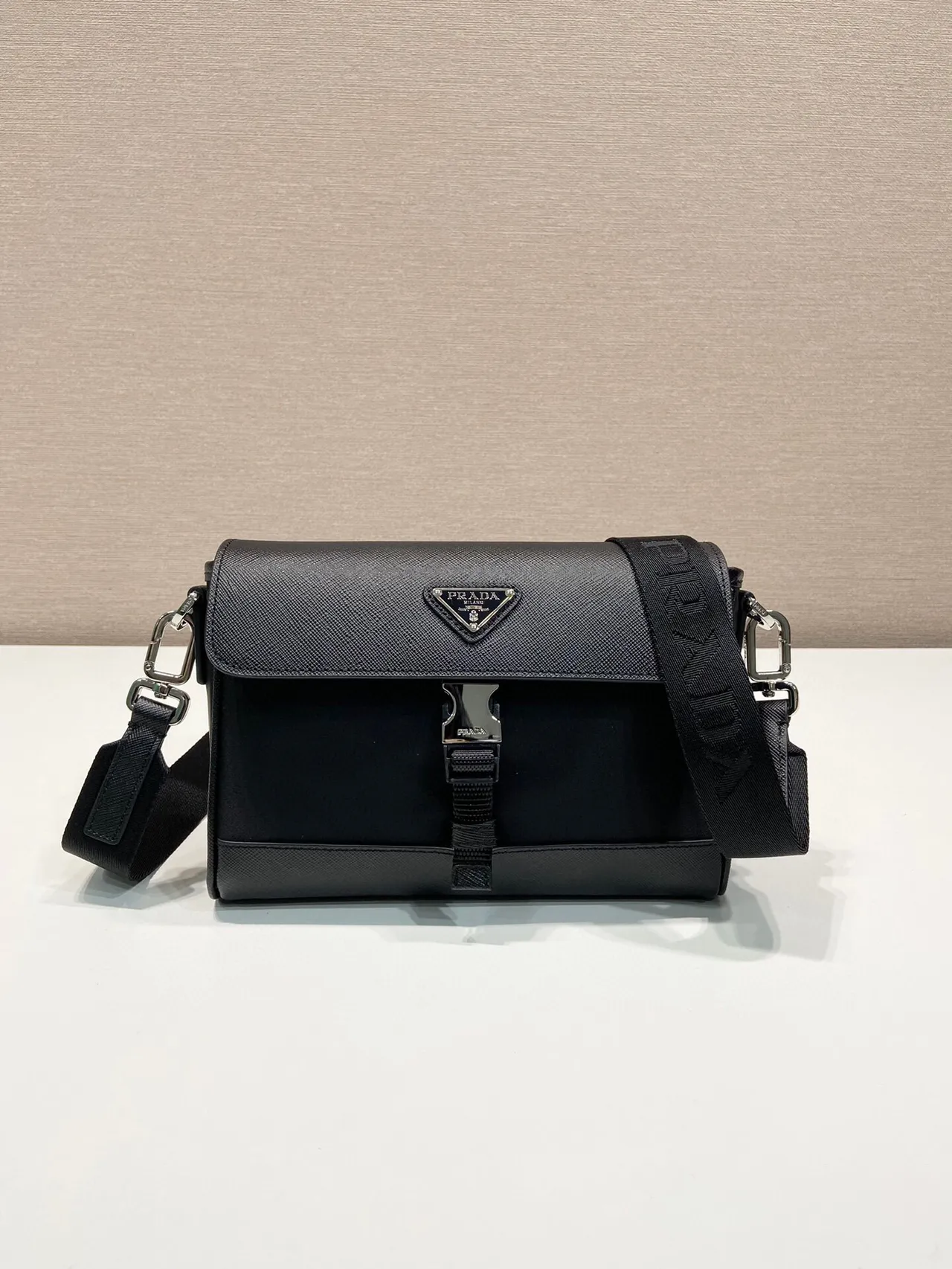 Prada Re-Nylon Black Structured Flap-Top Textured Saffiano Upper Messenger Bag 6