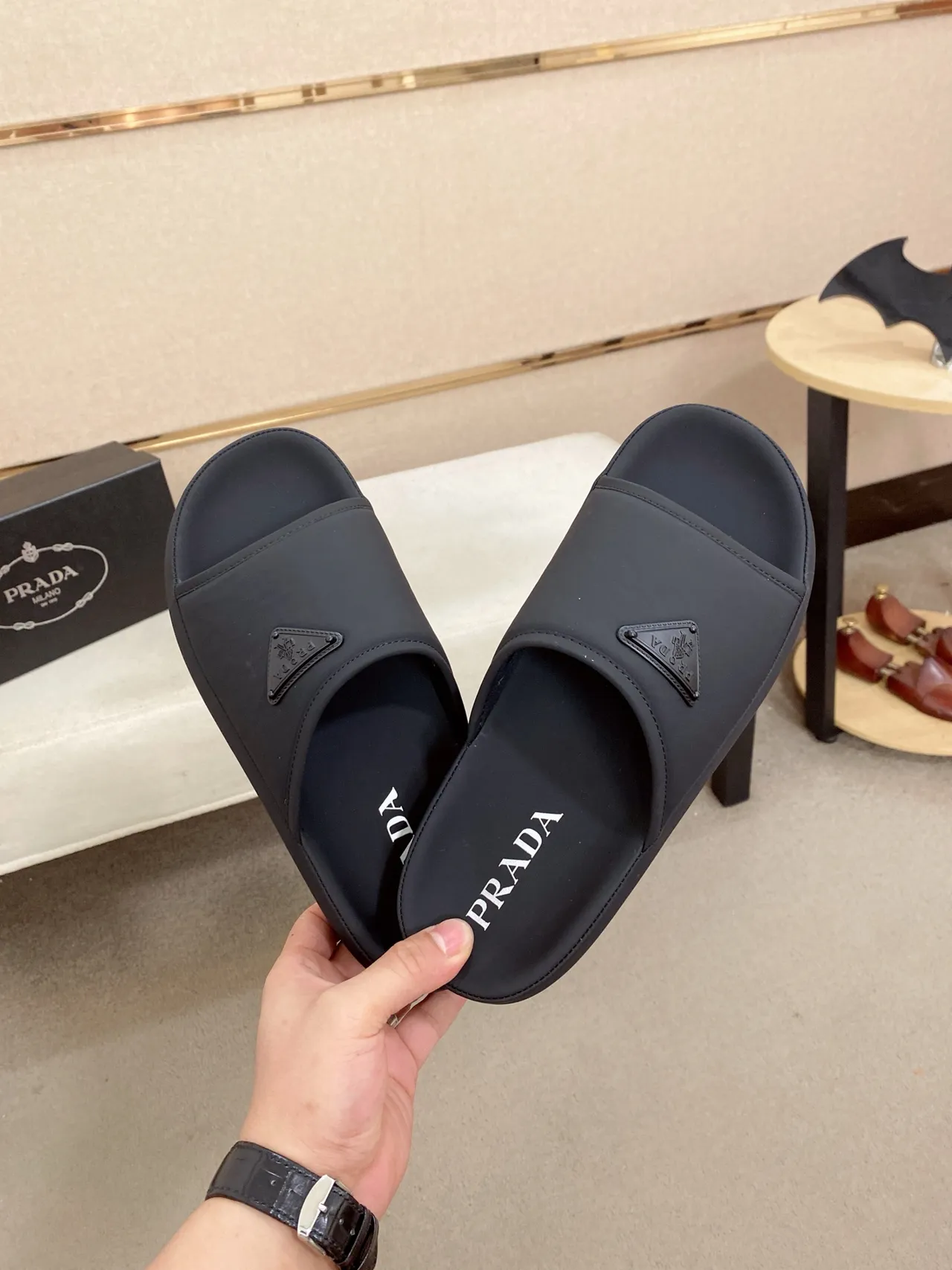 Prada Slide Black White Platform Sole Minimalist Strap Design Slippers 3