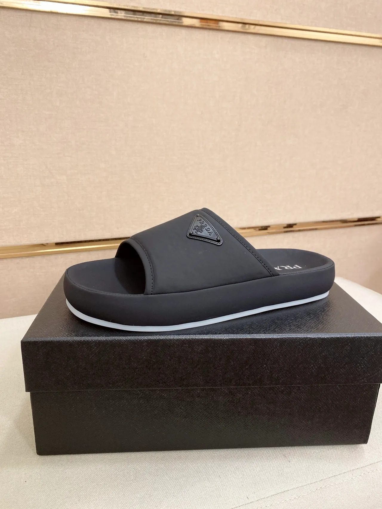 Prada Slide Black White Platform Sole Minimalist Strap Design Slippers 4