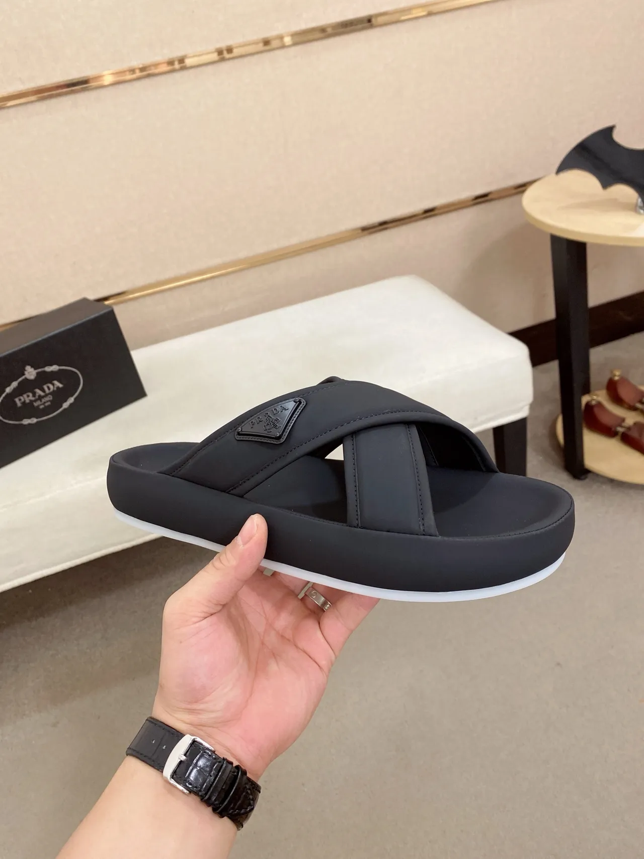 Prada Slide Black White Platform Sole Minimalist Strap Design Slippers 5
