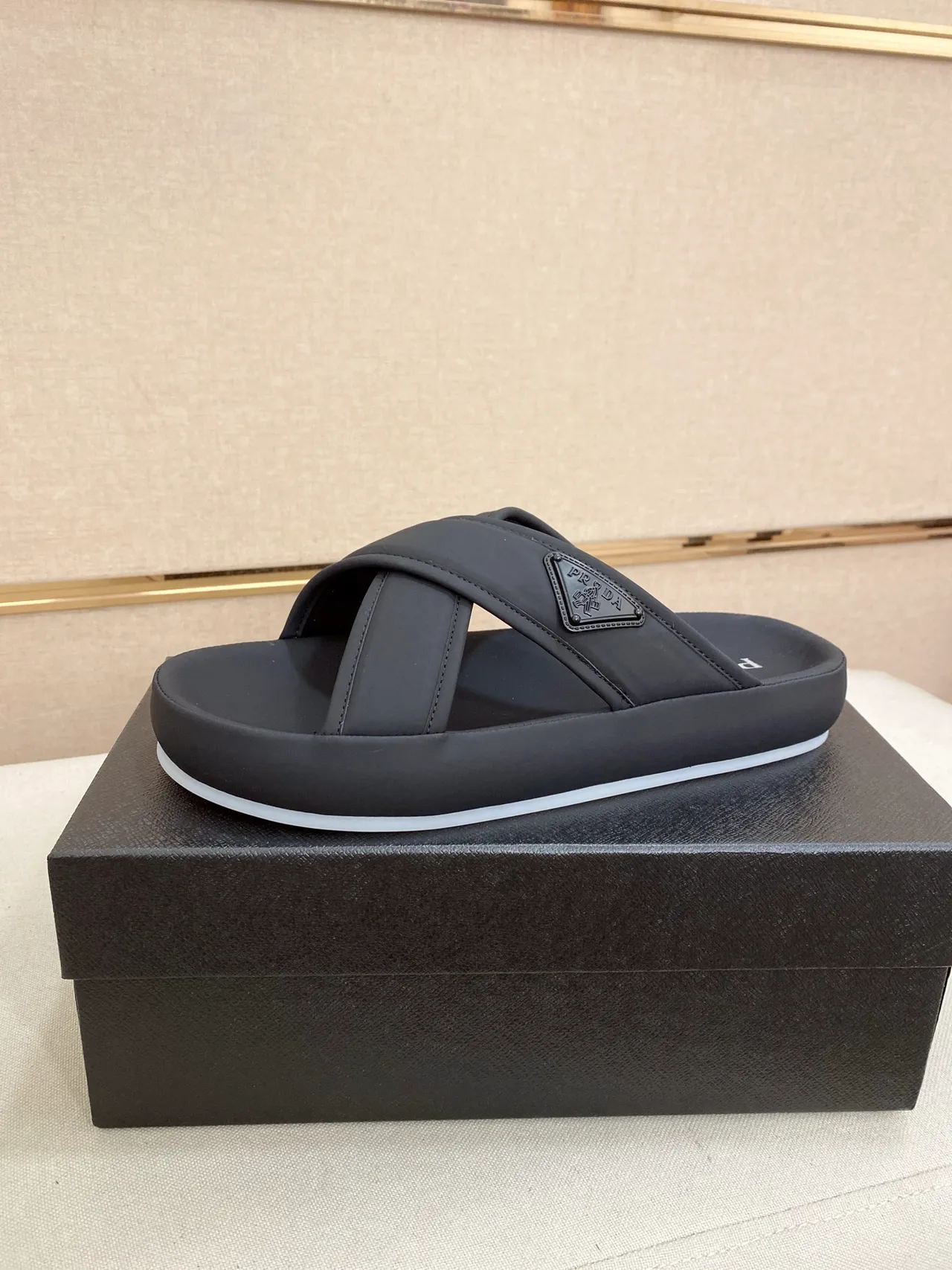 Prada Slide Black White Platform Sole Minimalist Strap Design Slippers 6