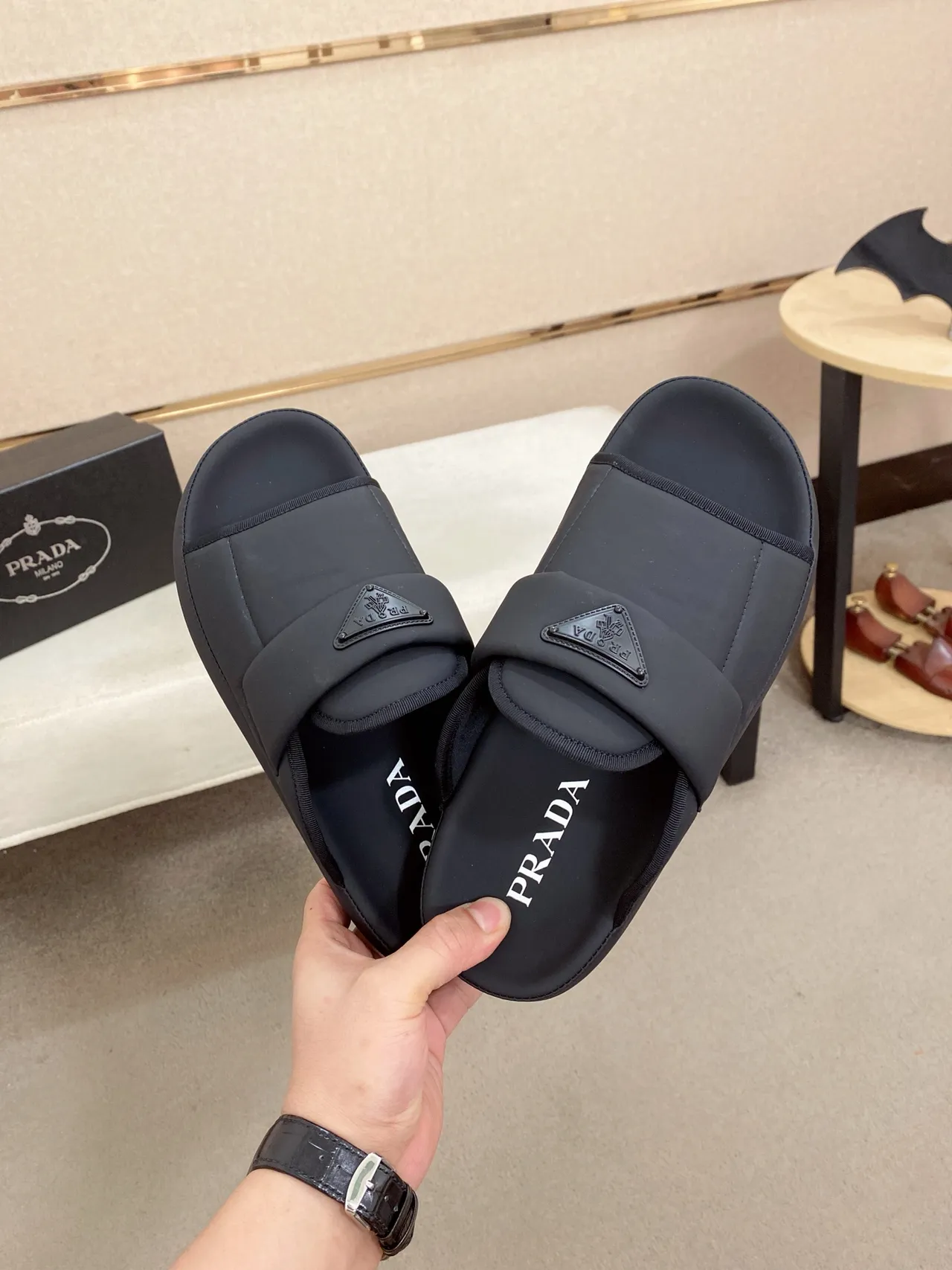 Prada Slide Black White Platform Sole Minimalist Strap Design Slippers 7