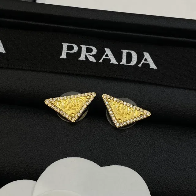 Prada Triangle Logo Silver Gold Triangular Motif Crystal-Pavé Border Earrings 3