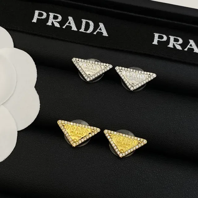 Prada Triangle Logo Silver Gold Triangular Motif Crystal-Pavé Border Earrings 6