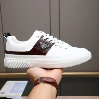 Prada White and Brown Croc-Panel Lifestyle Sneakers
