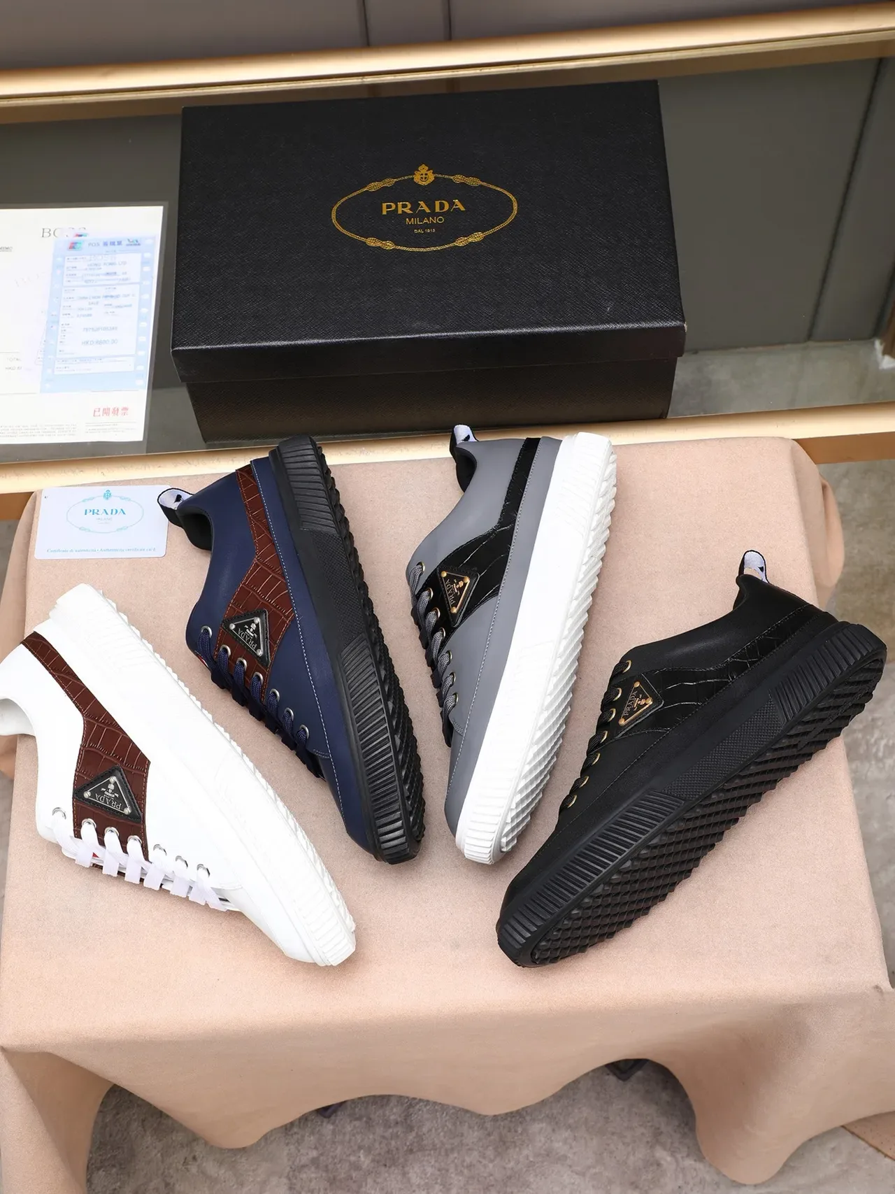 Prada White and Brown Croc-Panel Lifestyle Sneakers 2