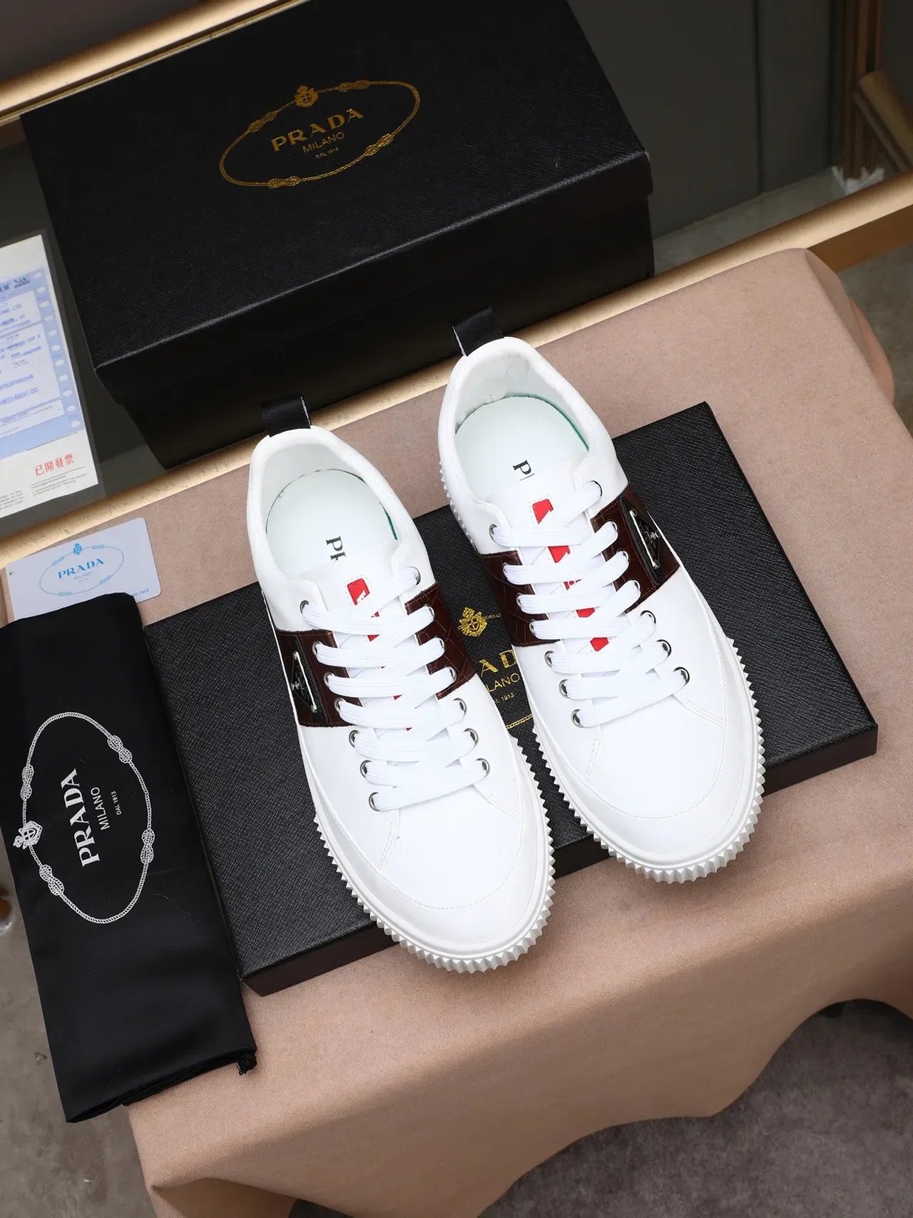 Prada White and Brown Croc-Panel Lifestyle Sneakers 3