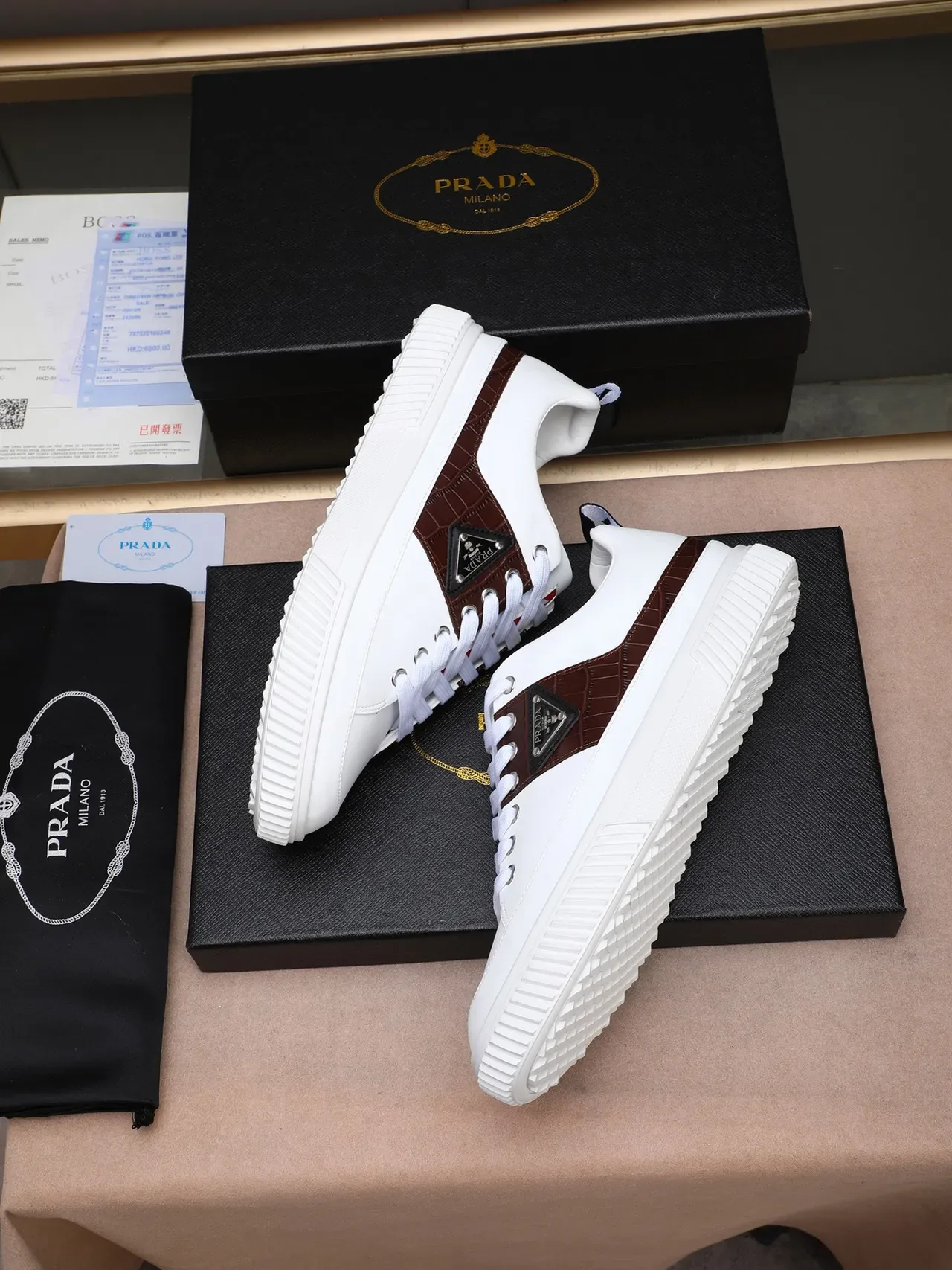 Prada White and Brown Croc-Panel Lifestyle Sneakers 4
