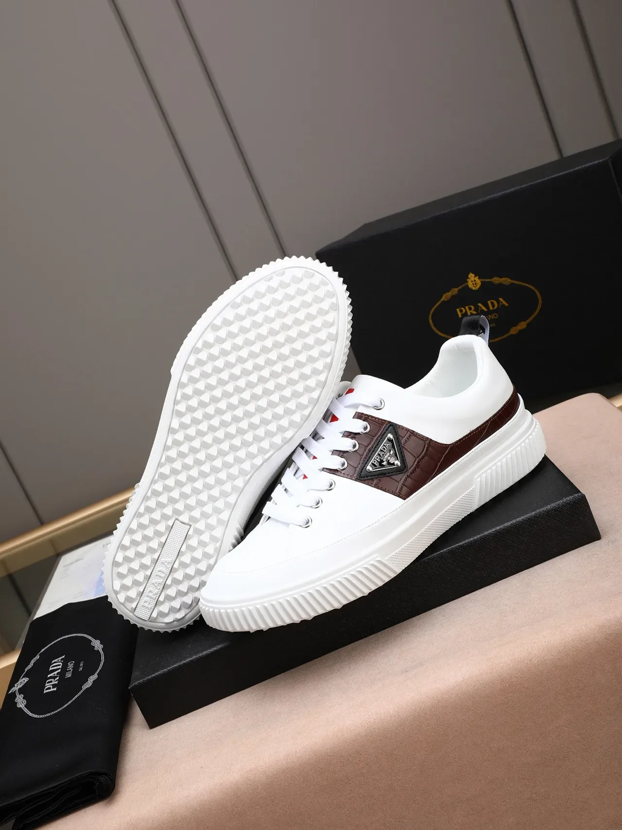 Prada White and Brown Croc-Panel Lifestyle Sneakers 5
