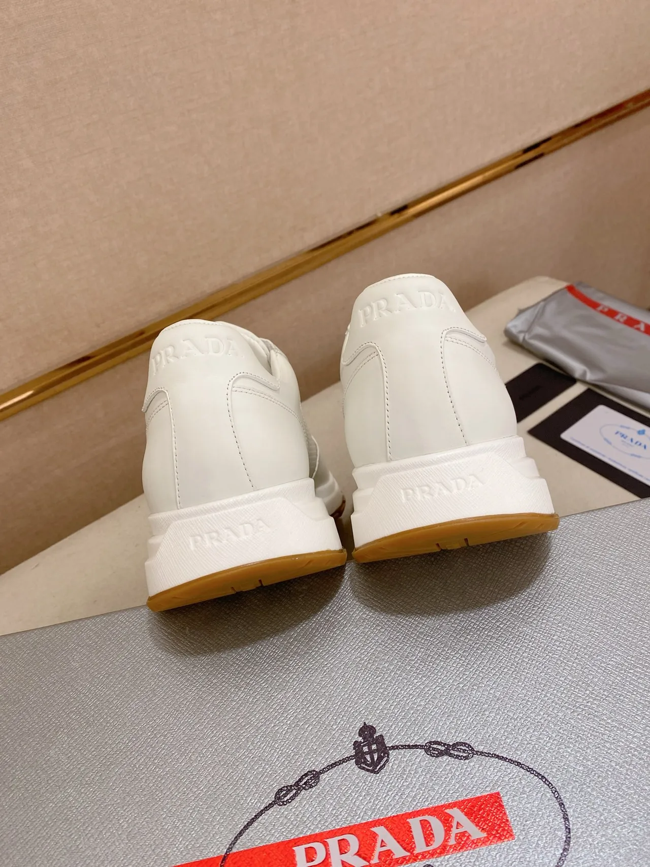 Prada White Beige Perforated Leather Triangular Logo Patch Lifestyle Sneakers 3