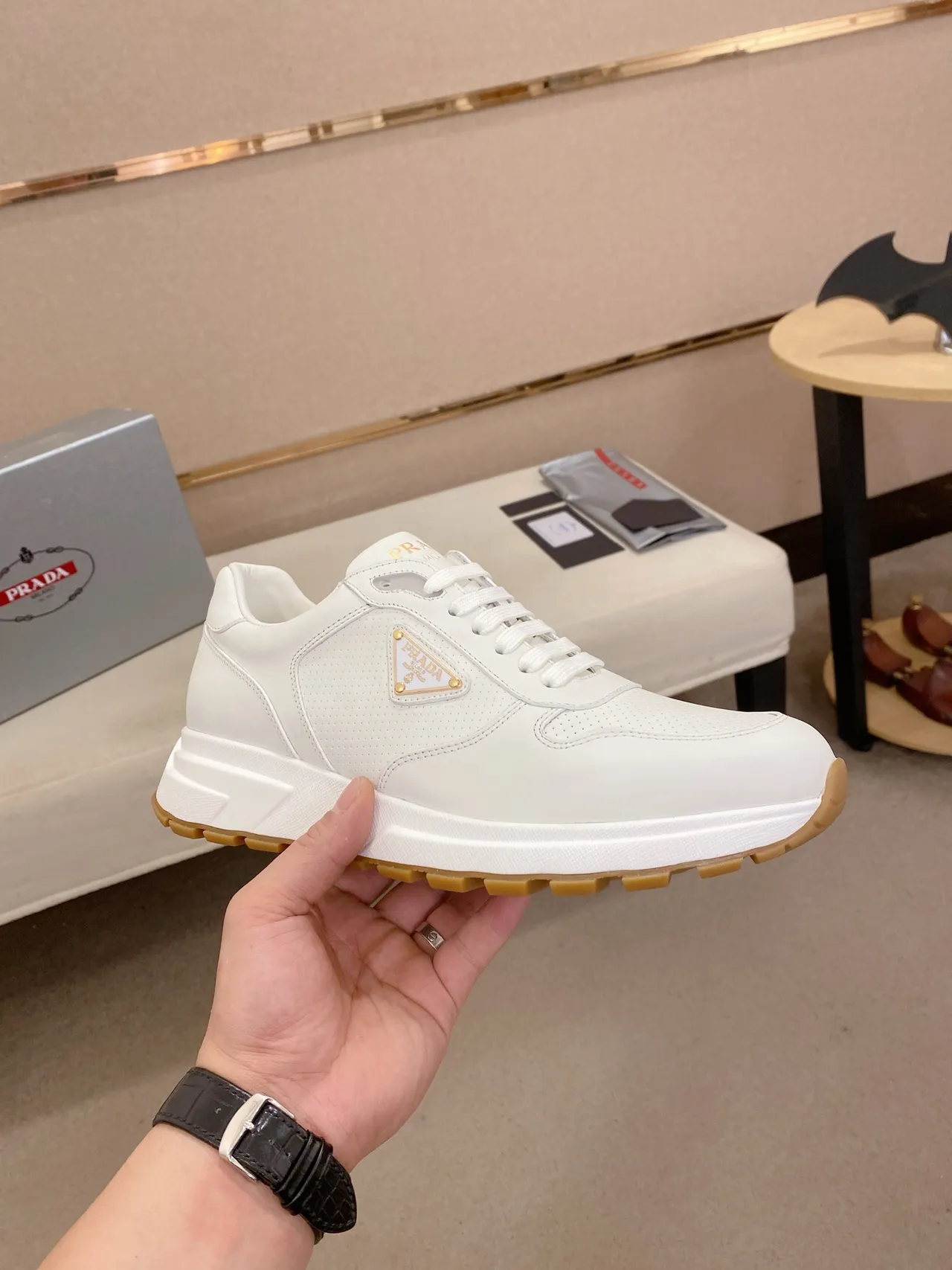 Prada White Beige Perforated Leather Triangular Logo Patch Lifestyle Sneakers 5
