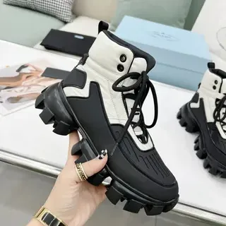 Prada White Black Chunky Lug Sole Quilted Panel Ankle Boots
