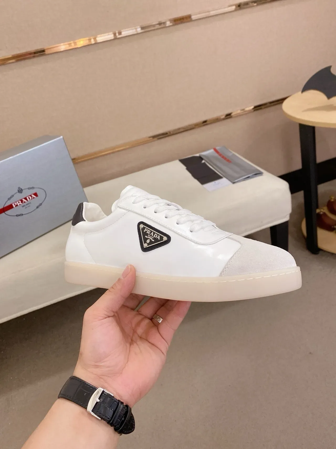 Prada White Black Low-Top Minimalist Lifestyle Sneakers 4