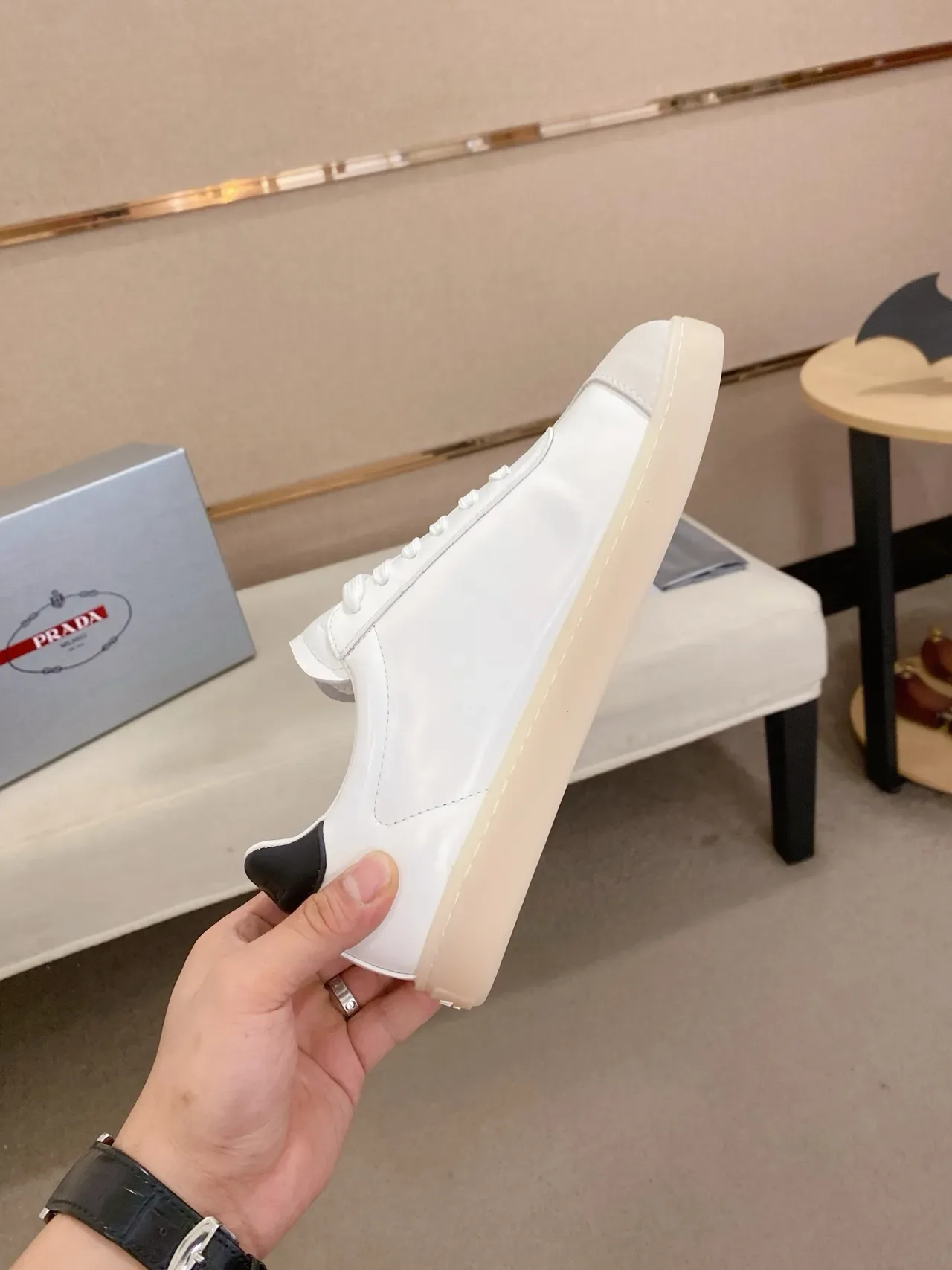 Prada White Black Low-Top Minimalist Lifestyle Sneakers 5