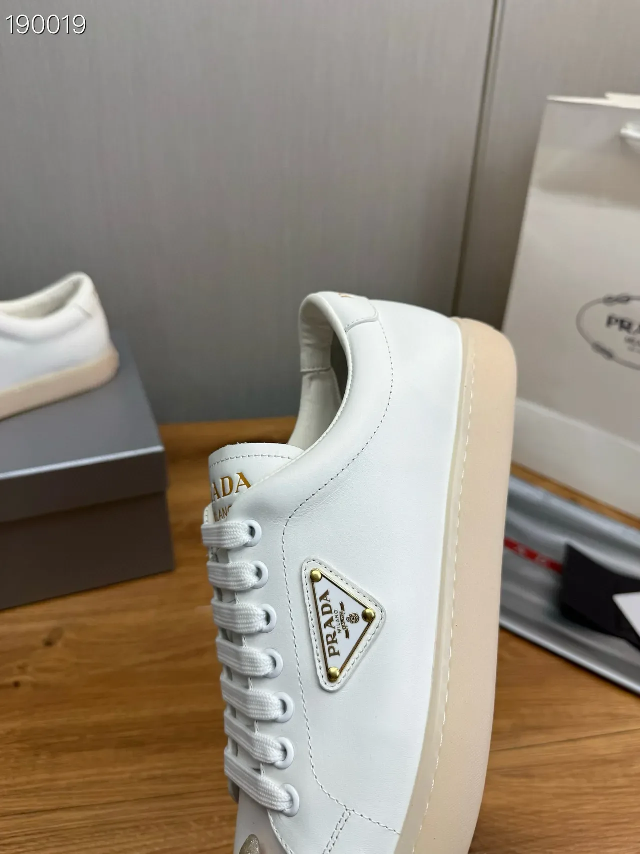 Prada White Gold Leather Upper Triangle Logo Plaque Lifestyle Sneakers 2