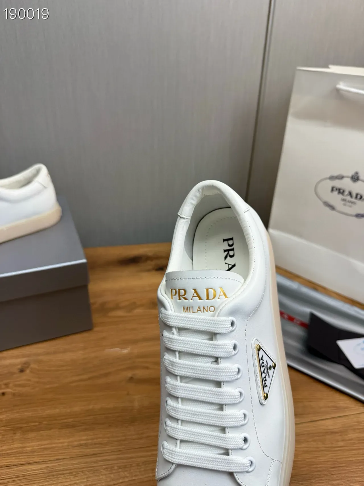 Prada White Gold Leather Upper Triangle Logo Plaque Lifestyle Sneakers 3