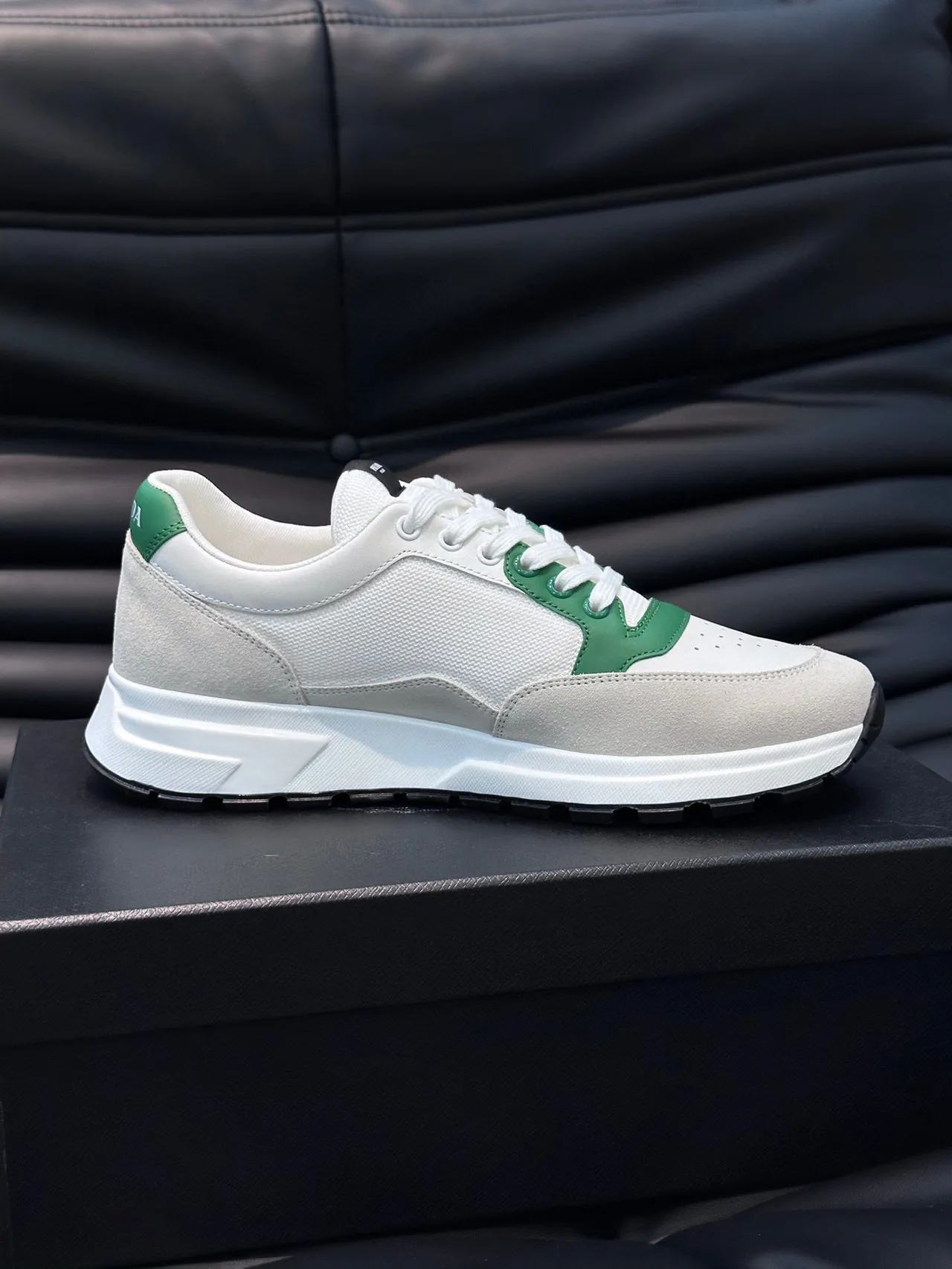 Prada White Green Low-Top Perforated Toe Lifestyle Sneakers 2