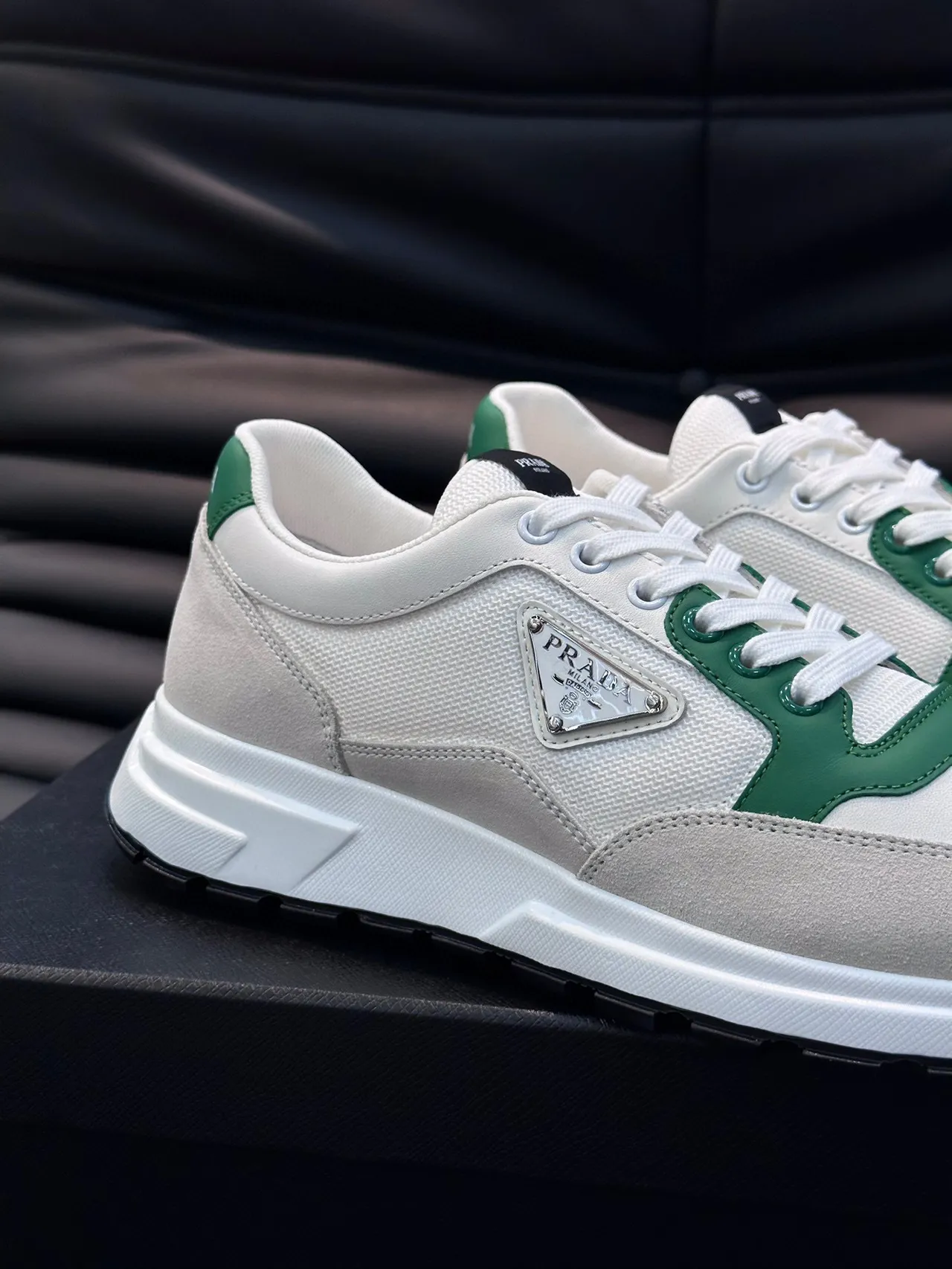 Prada White Green Low-Top Perforated Toe Lifestyle Sneakers 4