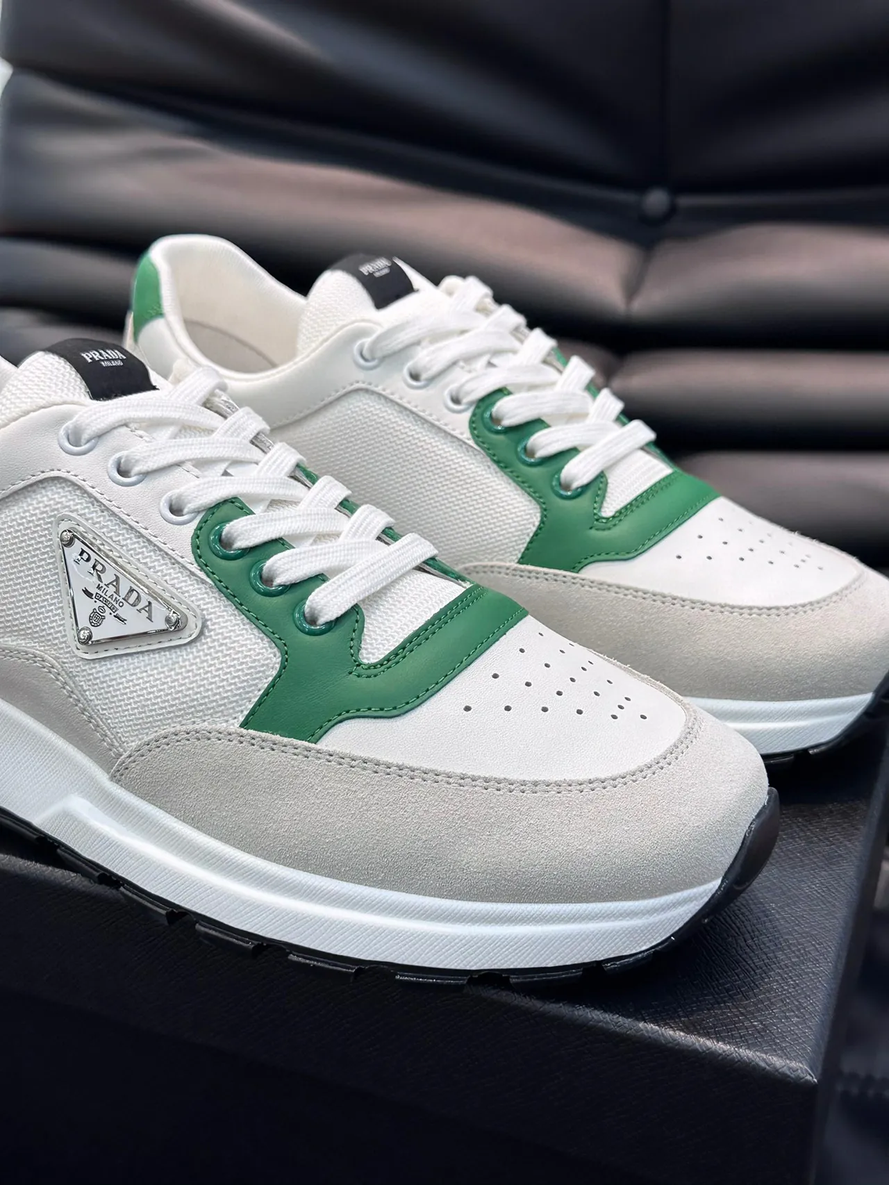 Prada White Green Low-Top Perforated Toe Lifestyle Sneakers 7