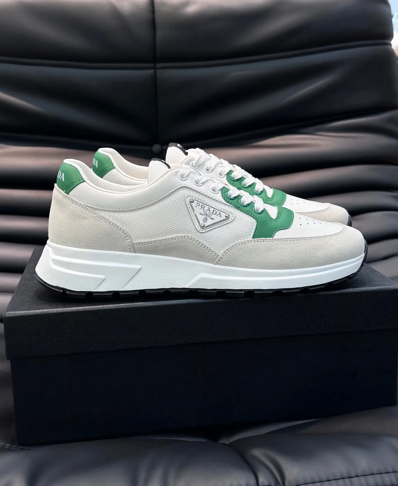 Prada White Green Low-Top Perforated Toe Lifestyle Sneakers 8