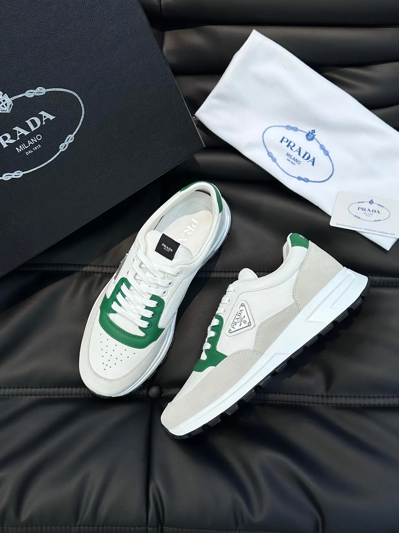 Prada White Green Low-Top Perforated Toe Lifestyle Sneakers 9