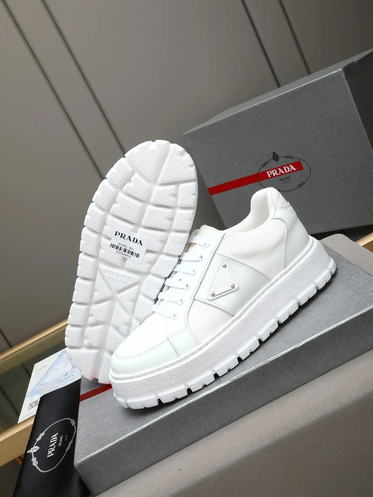 Prada White Low-Top Platform Sole Lifestyle Sneakers 5