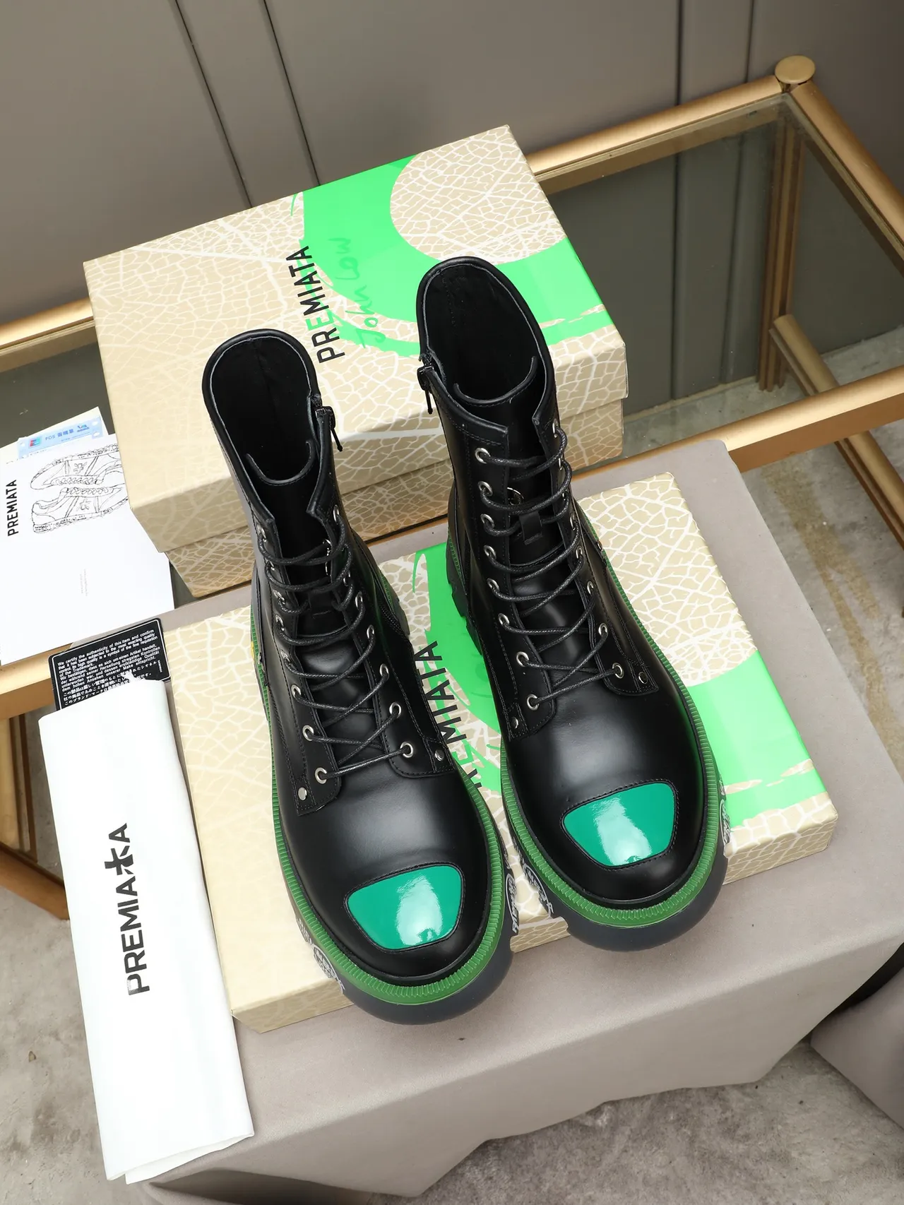 Premiata Rien Ne Va Plus Black Green Leather Upper Toe Cap And Midsole Stripe Martin Boots 3