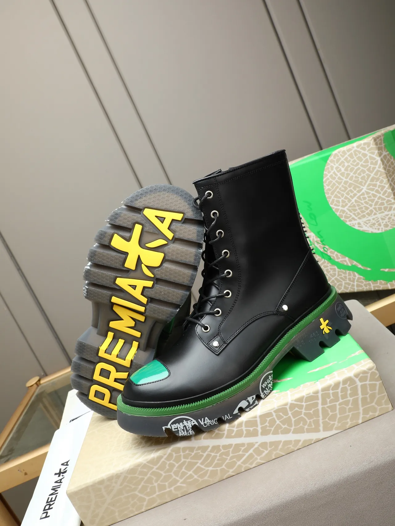 Premiata Rien Ne Va Plus Black Green Leather Upper Toe Cap And Midsole Stripe Martin Boots 4