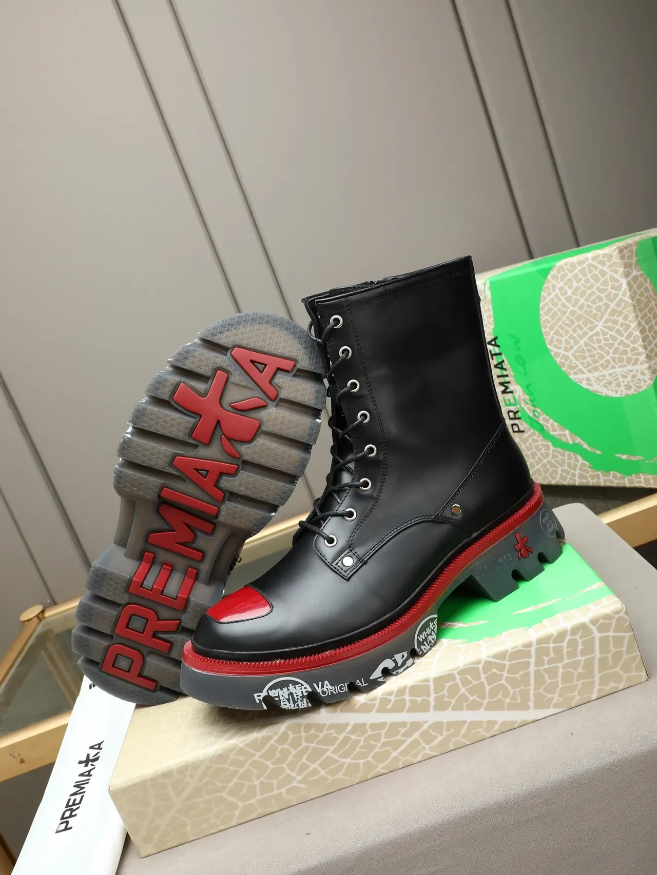Premiata Rien Ne Va Plus Black Red Platform Sole Lace-Up Combat Style Martin Boots 4