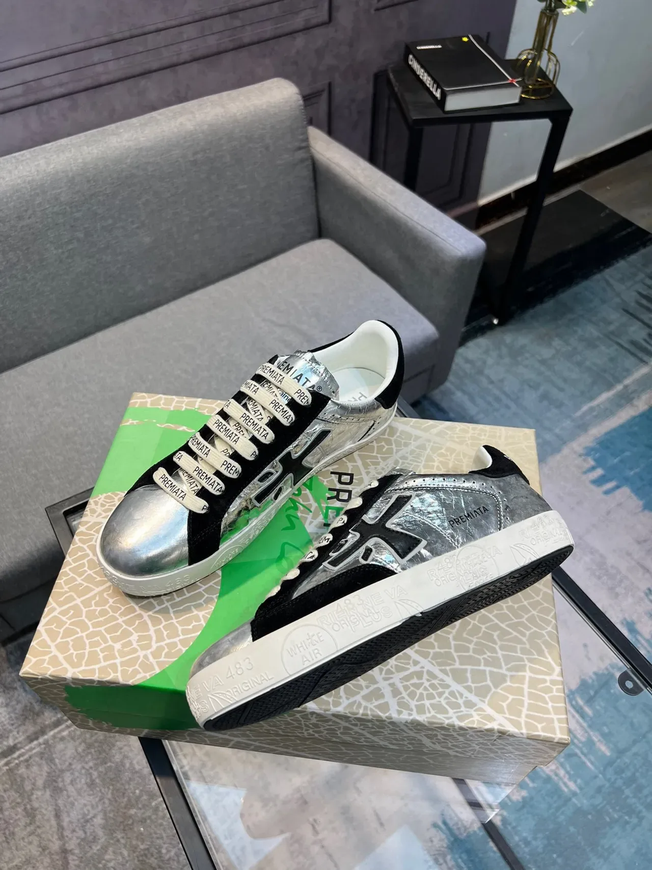 Premiata X Logo Metallic Silver and Black Lifestyle Sneakers 4