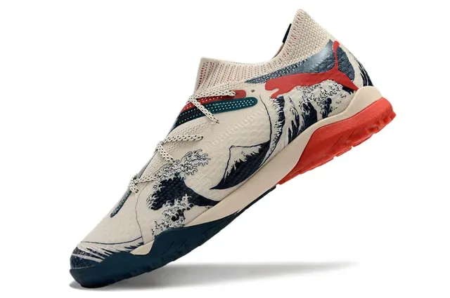 Puma Beige Navy Knit Upper Wave-and-Mountain Graphic Print Sneakers 3