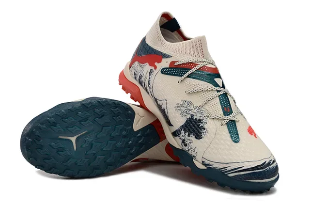 Puma Beige Navy Knit Upper Wave-and-Mountain Graphic Print Sneakers 4
