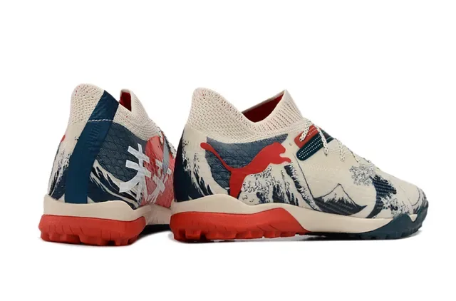 Puma Beige Navy Knit Upper Wave-and-Mountain Graphic Print Sneakers 5