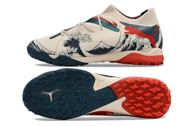 Puma Beige Navy Knit Upper Wave-and-Mountain Graphic Print Sneakers 6