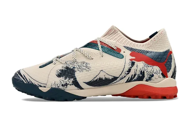 Puma Beige Navy Knit Upper Wave-and-Mountain Graphic Print Sneakers 7