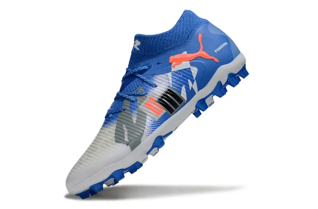 Puma Future Z Chaussures de football à crampons pour terrain ferme bleu et orange tricot col haut lacets asymétriques 3
