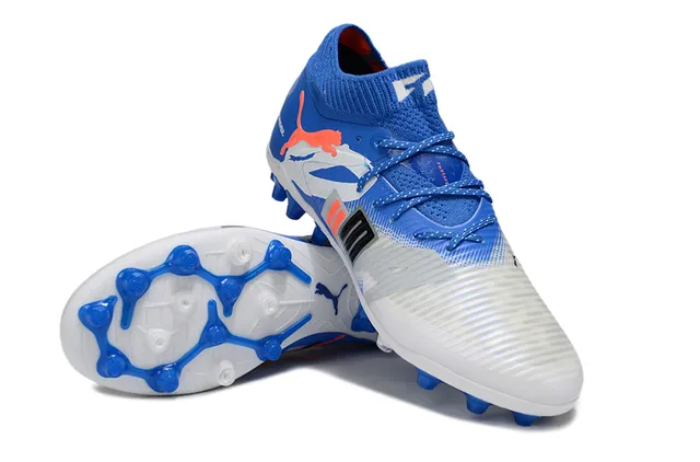 Puma Future Z Chaussures de football à crampons pour terrain ferme bleu et orange tricot col haut lacets asymétriques 4