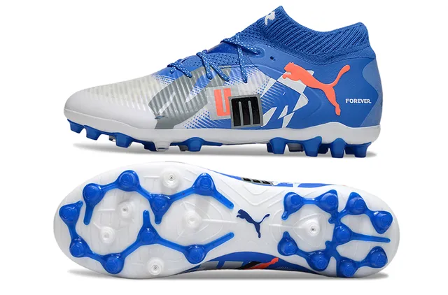 Puma Future Z Chaussures de football à crampons pour terrain ferme bleu et orange tricot col haut lacets asymétriques 6