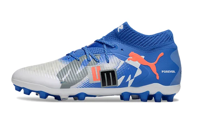 Puma Future Z Chaussures de football à crampons pour terrain ferme bleu et orange tricot col haut lacets asymétriques 7