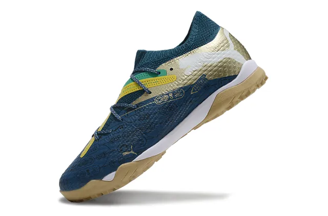 Puma Future Z Navy Gold Colar de Meia Tricotada Assimétrica Cadarço Cage Relva Sapatos de Futebol 3