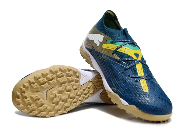 Puma Future Z Navy Gold Colar de Meia Tricotada Assimétrica Cadarço Cage Relva Sapatos de Futebol 4